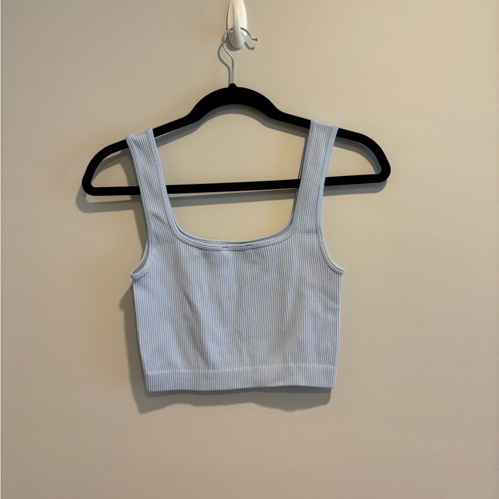 Zara Blue Cropped Ribbed Square Neck Tank - Picture 2 of 2